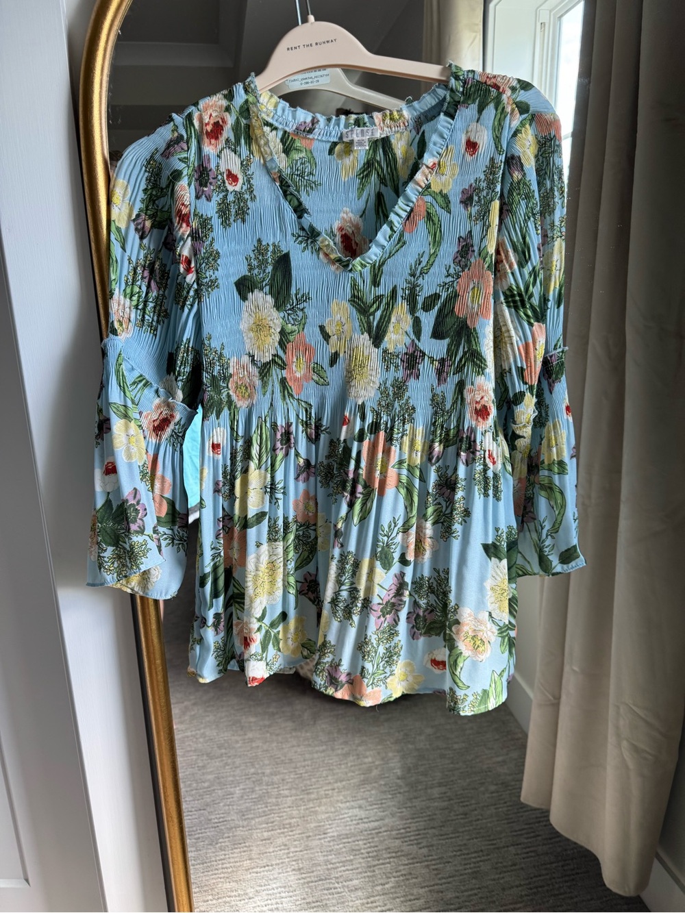 Spense Light Blue Floral Ruffle V-Neck Top